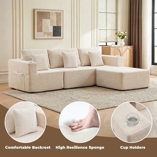 Alt view image 4 of 7 - Chenille Modular l Shaped Sectional Sofa with Chaise, Couch with Cup Holders and Side Storage Pockets Cushion Sofa