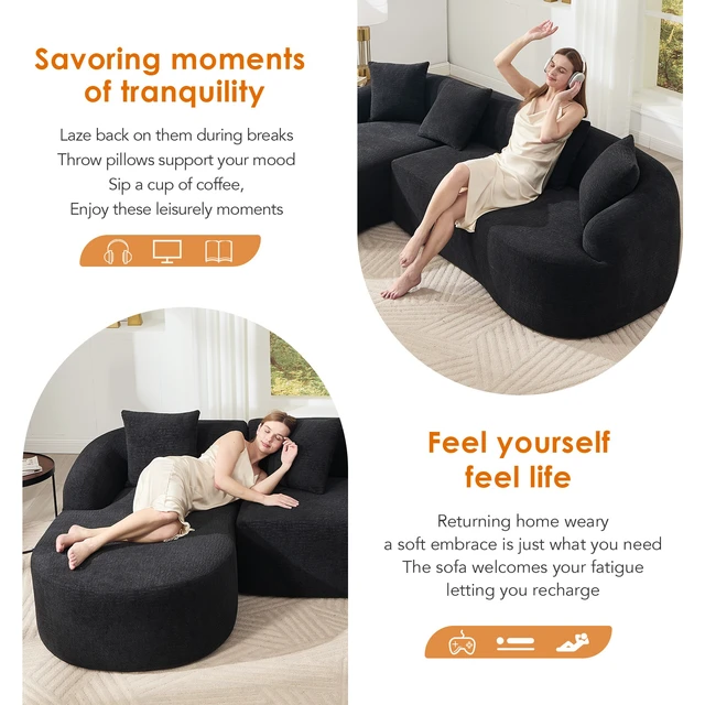 Alt view image 3 of 7 - Compression l Shape Sectional Sofa with Curved Chaise, Modular Chenille Couch 30d High Density Foam Modular Couches