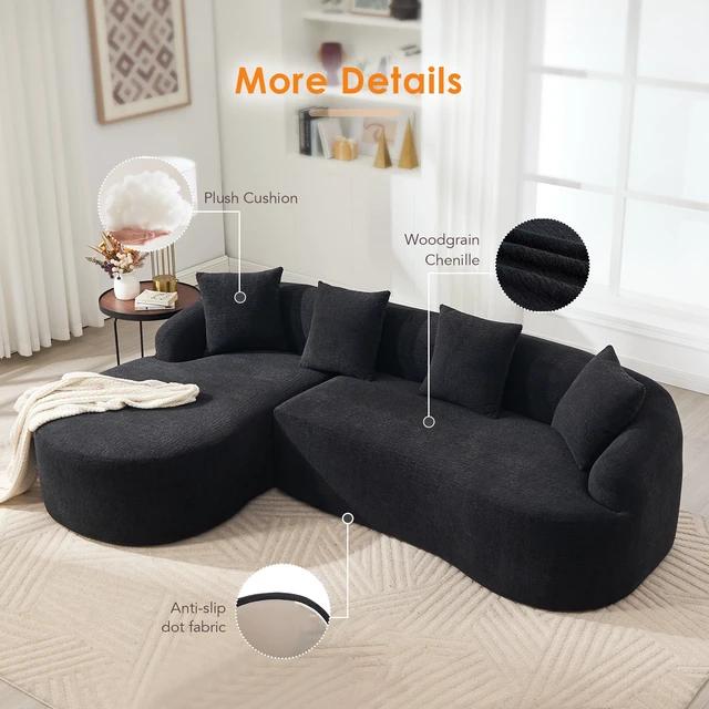 Alt view image 6 of 7 - Compression l Shape Sectional Sofa with Curved Chaise, Modular Chenille Couch 30d High Density Foam Modular Couches