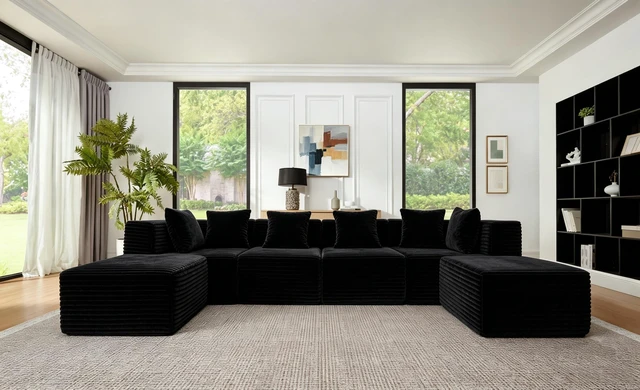 Main image of 130 Inch U-Shaped Sectional Corduroy Couch with Chaise and Ottoman Assembly Required Deep Seat, Upholstered Modular