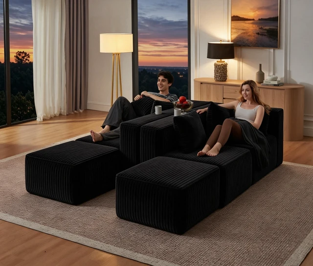 Alt view image 4 of 7 - 130 Inch U-Shaped Sectional Corduroy Couch with Chaise and Ottoman Assembly Required Deep Seat, Upholstered Modular