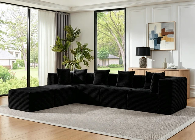 Alt view image 2 of 7 - 130 Inch U-Shaped Sectional Corduroy Couch with Chaise and Ottoman Assembly Required Deep Seat, Upholstered Modular