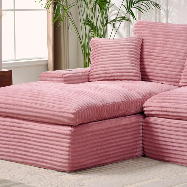 Main image of 98 Inch Vacuum Compressed L-Shaped Modular Sectional Sofa, Striped Corduroy Couch with Cup Holders and Side Pocket Deep