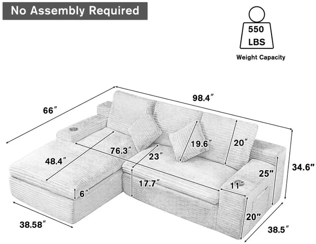 Alt view image 3 of 6 - 98 Inch Vacuum Compressed L-Shaped Modular Sectional Sofa, Striped Corduroy Couch with Cup Holders and Side Pocket Deep