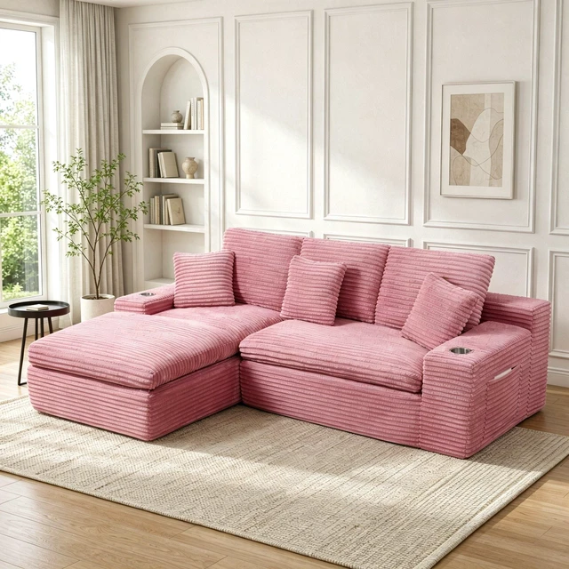 Alt view image 2 of 6 - 98 Inch Vacuum Compressed L-Shaped Modular Sectional Sofa, Striped Corduroy Couch with Cup Holders and Side Pocket Deep