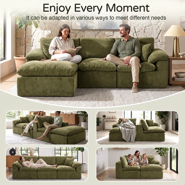 Alt view image 5 of 7 - Modular Sectional Sofa, l Shape Cloud Couch with Movable Ottoman Chenille Deep Seat Sofa with Soft Pillows for Living