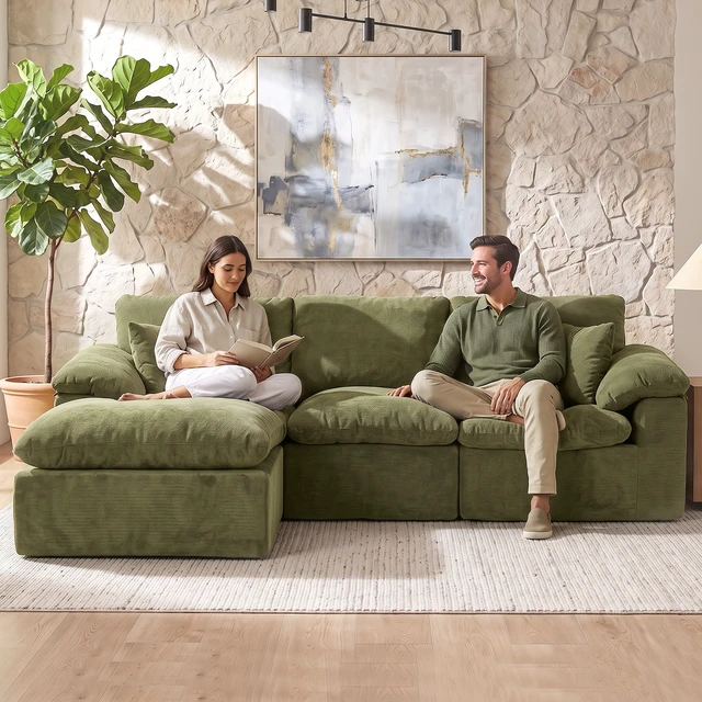 Alt view image 3 of 7 - Modular Sectional Sofa, l Shape Cloud Couch with Movable Ottoman Chenille Deep Seat Sofa with Soft Pillows for Living