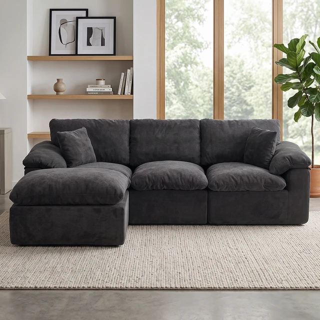 Alt view image 2 of 7 - Modular Sectional Sofa, l Shape Cloud Couch with Movable Ottoman Chenille Deep Seat Sofa with Soft Pillows for Living