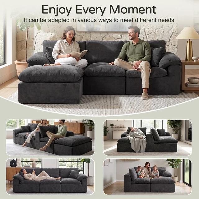 Alt view image 4 of 7 - Modular Sectional Sofa, l Shape Cloud Couch with Movable Ottoman Chenille Deep Seat Sofa with Soft Pillows for Living