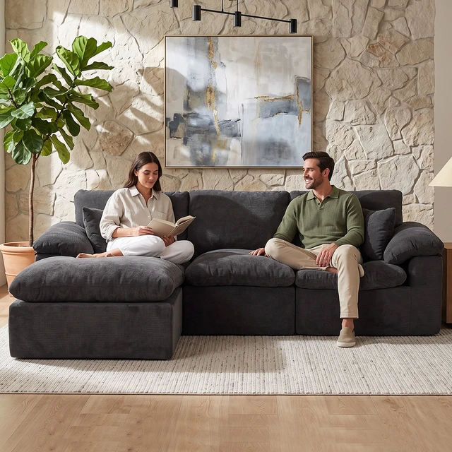 Alt view image 3 of 7 - Modular Sectional Sofa, l Shape Cloud Couch with Movable Ottoman Chenille Deep Seat Sofa with Soft Pillows for Living