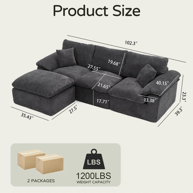 Alt view image 7 of 7 - Modular Sectional Sofa, l Shape Cloud Couch with Movable Ottoman Chenille Deep Seat Sofa with Soft Pillows for Living