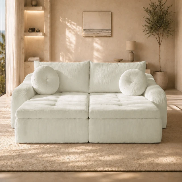 Alt view image 2 of 7 - 76 Inch Twin Chaise Lounges, Skin Soft Corduroy Left and Right Combo for Living and Beyond for Living Corduroy, White