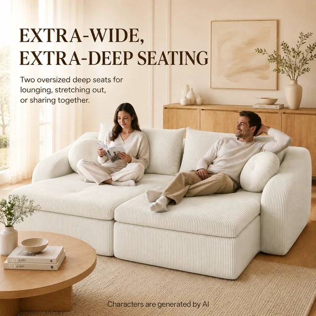 Alt view image 4 of 7 - 76 Inch Twin Chaise Lounges, Skin Soft Corduroy Left and Right Combo for Living and Beyond for Living Corduroy, White