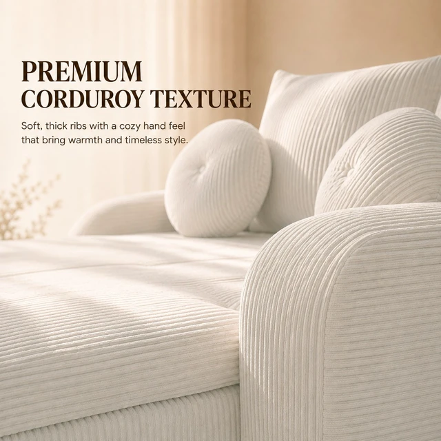 Alt view image 6 of 7 - 76 Inch Twin Chaise Lounges, Skin Soft Corduroy Left and Right Combo for Living and Beyond for Living Corduroy, White