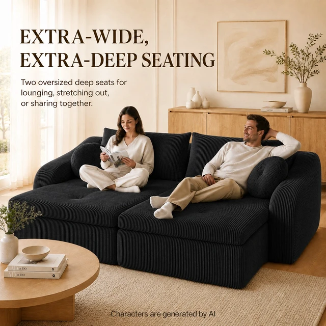 Alt view image 4 of 7 - 76 Inch Twin Chaise Lounges, Skin Soft Corduroy Left and Right Combo for Living and Beyond for Living Corduroy, Black