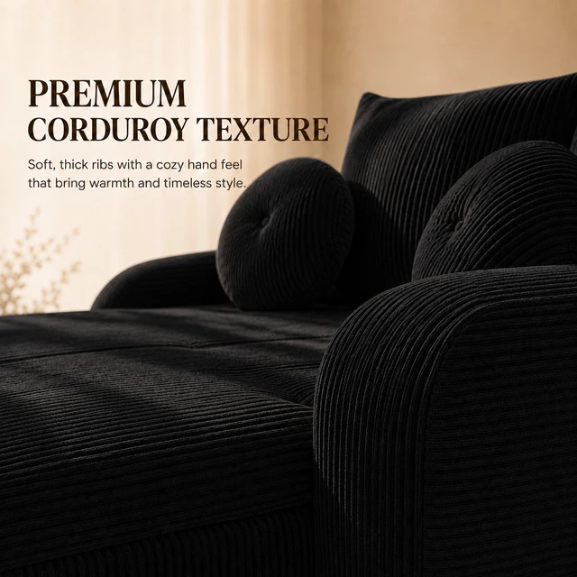 Alt view image 5 of 7 - 76 Inch Twin Chaise Lounges, Skin Soft Corduroy Left and Right Combo for Living and Beyond for Living Corduroy, Black