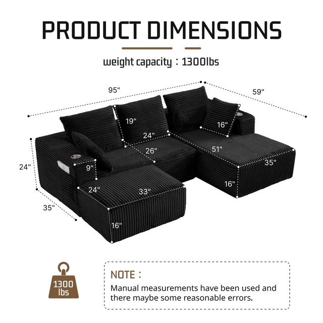 Alt view image 2 of 6 - Inchmodular Combination Sofa with L-Shaped Lounge Chair, Four Seater Design with Footrest, Black, Fabric, Sectionals