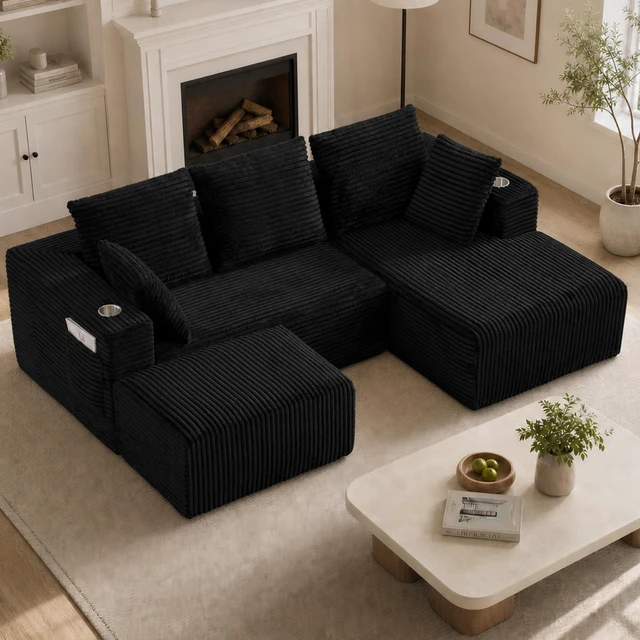 Main image of Inchmodular Combination Sofa with L-Shaped Lounge Chair, Four Seater Design with Footrest, Black, Fabric, Sectionals