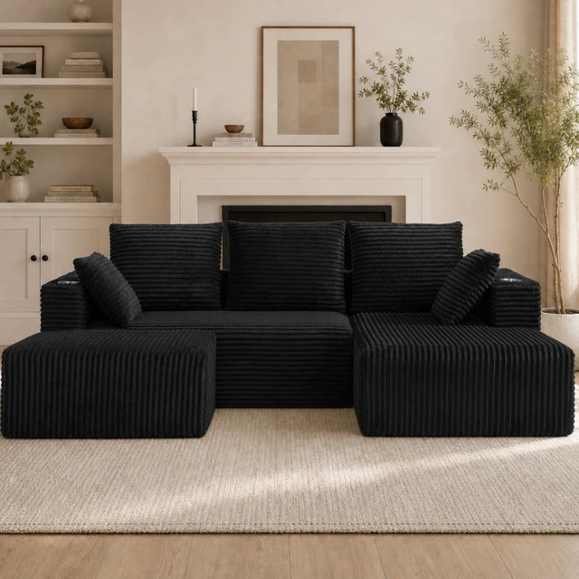 Alt view image 3 of 6 - Inchmodular Combination Sofa with L-Shaped Lounge Chair, Four Seater Design with Footrest, Black, Fabric, Sectionals