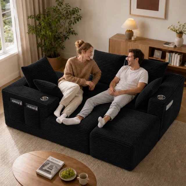 Alt view image 5 of 6 - Inchmodular Combination Sofa with L-Shaped Lounge Chair, Four Seater Design with Footrest, Black, Fabric, Sectionals