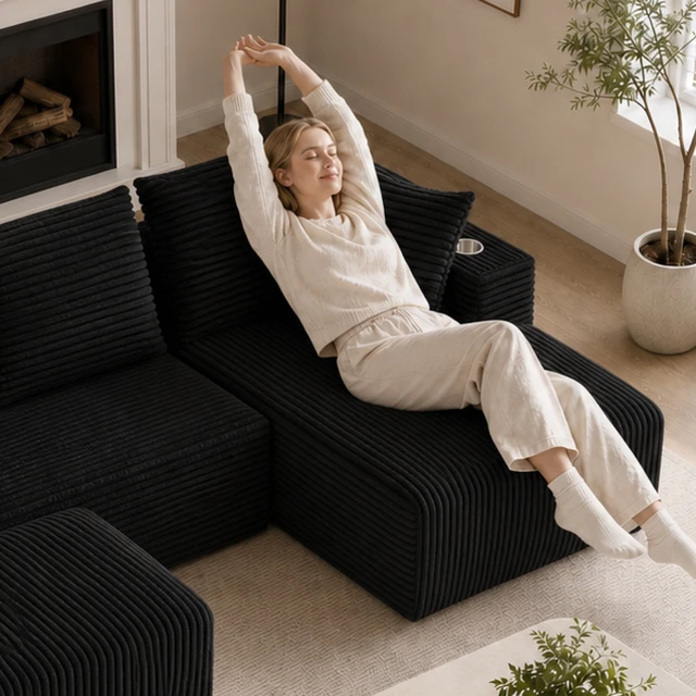 Alt view image 4 of 6 - Inchmodular Combination Sofa with L-Shaped Lounge Chair, Four Seater Design with Footrest, Black, Fabric, Sectionals