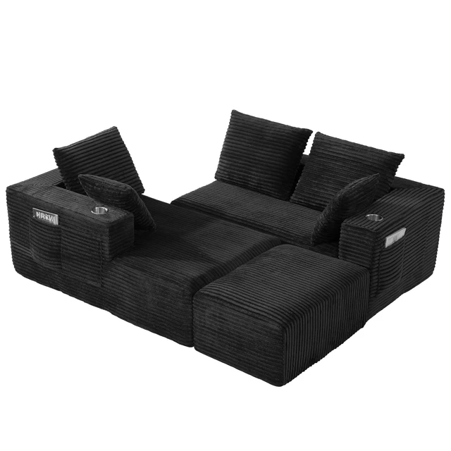 Alt view image 6 of 6 - Inchmodular Combination Sofa with L-Shaped Lounge Chair, Four Seater Design with Footrest, Black, Fabric, Sectionals