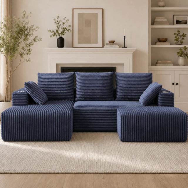 Alt view image 3 of 7 - Inchmodular Combination Sofa with L-Shaped Lounge Chair, Four Seater Design with Footrest, Blue, Fabric, Sectionals