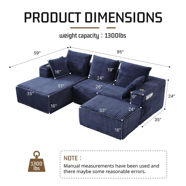 Alt view image 2 of 7 - Inchmodular Combination Sofa with L-Shaped Lounge Chair, Four Seater Design with Footrest, Blue, Fabric, Sectionals