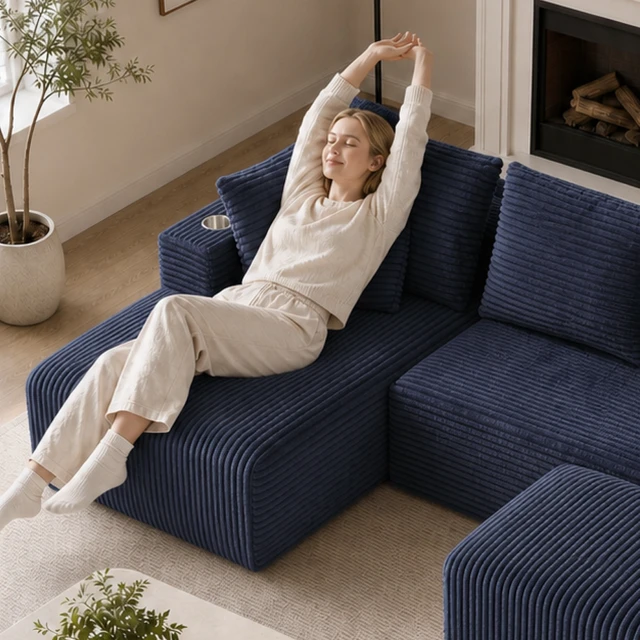 Alt view image 4 of 7 - Inchmodular Combination Sofa with L-Shaped Lounge Chair, Four Seater Design with Footrest, Blue, Fabric, Sectionals