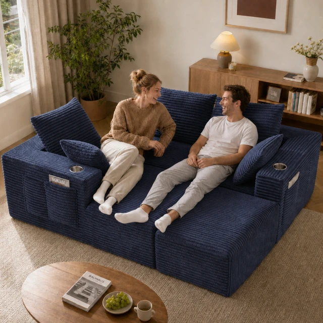Alt view image 5 of 7 - Inchmodular Combination Sofa with L-Shaped Lounge Chair, Four Seater Design with Footrest, Blue, Fabric, Sectionals
