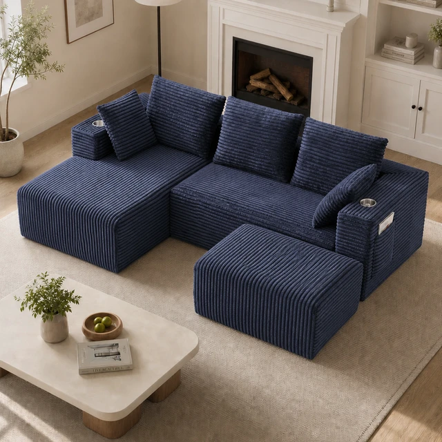 Main image of Inchmodular Combination Sofa with L-Shaped Lounge Chair, Four Seater Design with Footrest, Blue, Fabric, Sectionals