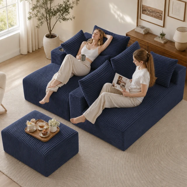 Alt view image 6 of 7 - Inchmodular Combination Sofa with L-Shaped Lounge Chair, Four Seater Design with Footrest, Blue, Fabric, Sectionals