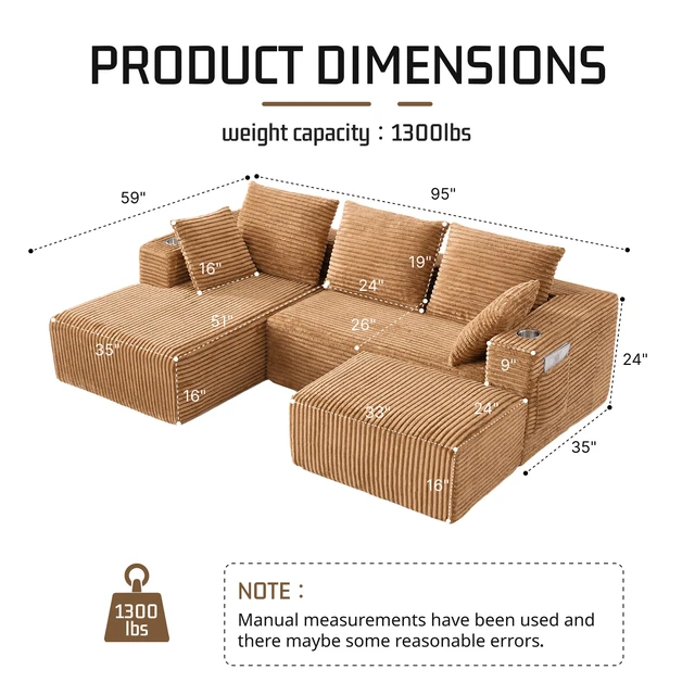 Alt view image 2 of 7 - Inchmodular Combination Sofa with L-Shaped Lounge Chair, Four Seater Design with Footrest, Brown, Fabric, Sectionals