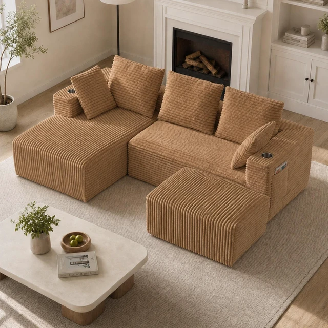Main image of Inchmodular Combination Sofa with L-Shaped Lounge Chair, Four Seater Design with Footrest, Brown, Fabric, Sectionals