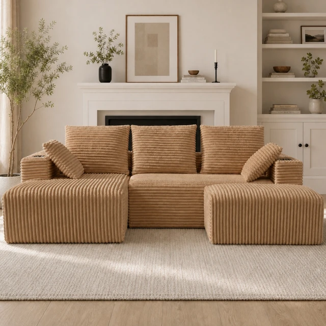 Alt view image 3 of 7 - Inchmodular Combination Sofa with L-Shaped Lounge Chair, Four Seater Design with Footrest, Brown, Fabric, Sectionals