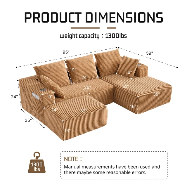 Alt view image 2 of 7 - Inchmodular Combination Sofa with L-Shaped Lounge Chair, Four Seater Design with Footrest, Brown, Fabric, Sectionals