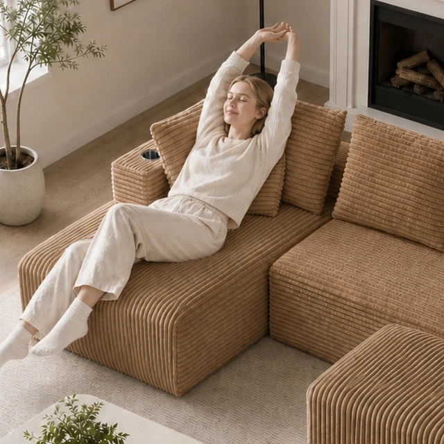 Alt view image 5 of 7 - Inchmodular Combination Sofa with L-Shaped Lounge Chair, Four Seater Design with Footrest, Brown, Fabric, Sectionals