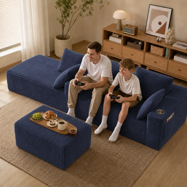 Alt view image 7 of 7 - Inchmodular Combination Sofa with L-Shaped Lounge Chair, Four Seater Design with Footrest, Blue, Fabric, Sectionals