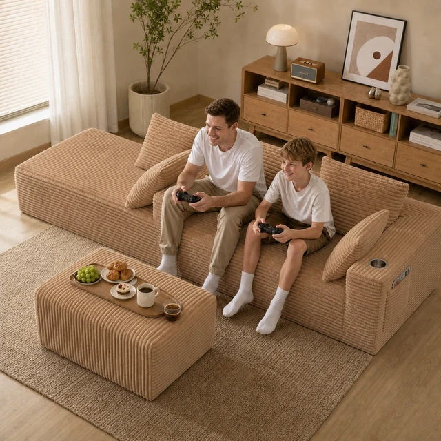 Alt view image 6 of 7 - Inchmodular Combination Sofa with L-Shaped Lounge Chair, Four Seater Design with Footrest, Brown, Fabric, Sectionals