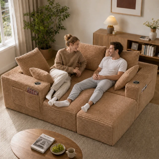 Alt view image 5 of 7 - Inchmodular Combination Sofa with L-Shaped Lounge Chair, Four Seater Design with Footrest, Brown, Fabric, Sectionals