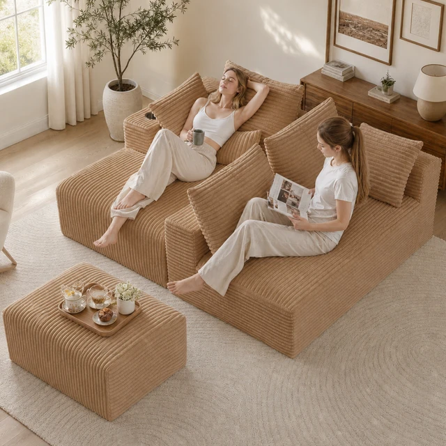 Alt view image 6 of 7 - Inchmodular Combination Sofa with L-Shaped Lounge Chair, Four Seater Design with Footrest, Brown, Fabric, Sectionals