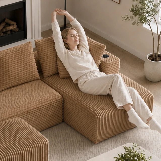 Alt view image 4 of 7 - Inchmodular Combination Sofa with L-Shaped Lounge Chair, Four Seater Design with Footrest, Brown, Fabric, Sectionals