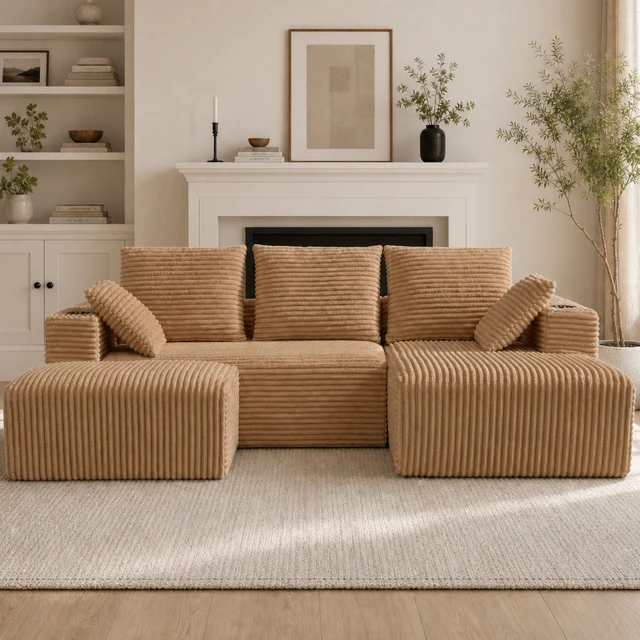 Alt view image 3 of 7 - Inchmodular Combination Sofa with L-Shaped Lounge Chair, Four Seater Design with Footrest, Brown, Fabric, Sectionals