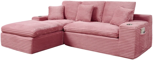Alt view image 4 of 6 - 98 Inch Vacuum Compressed L-Shaped Modular Sectional Sofa, Striped Corduroy Couch with Cup Holders and Side Pocket Deep
