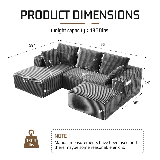 Alt view image 2 of 7 - Inchmodular Combination Sofa with L-Shaped Lounge Chair, Four Seater Design with Footrest, Gray, Fabric, Sectionals