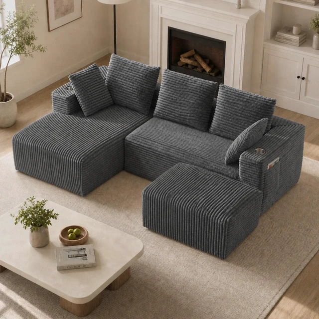 Main image of Inchmodular Combination Sofa with L-Shaped Lounge Chair, Four Seater Design with Footrest, Gray, Fabric, Sectionals