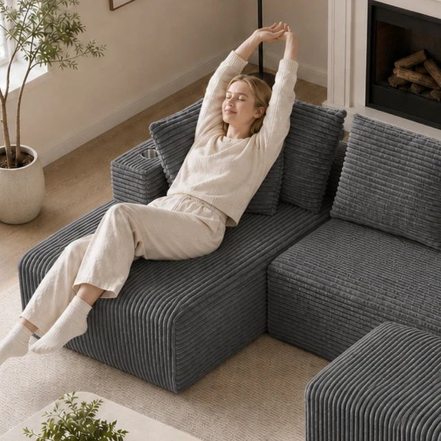 Alt view image 4 of 7 - Inchmodular Combination Sofa with L-Shaped Lounge Chair, Four Seater Design with Footrest, Gray, Fabric, Sectionals