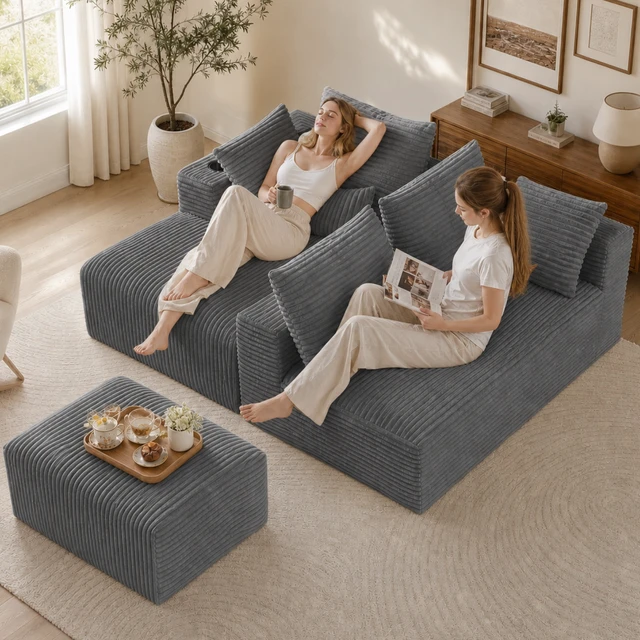 Alt view image 6 of 7 - Inchmodular Combination Sofa with L-Shaped Lounge Chair, Four Seater Design with Footrest, Gray, Fabric, Sectionals