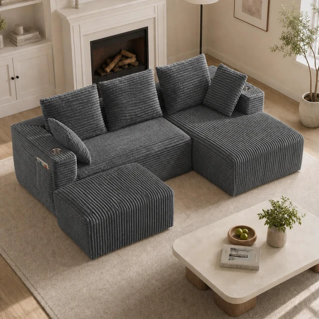 Main image of Inchmodular Combination Sofa with L-Shaped Lounge Chair, Four Seater Design with Footrest, Gray, Fabric, Sectionals