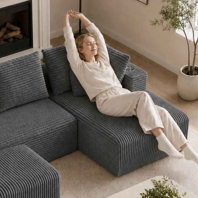 Alt view image 3 of 7 - Inchmodular Combination Sofa with L-Shaped Lounge Chair, Four Seater Design with Footrest, Gray, Fabric, Sectionals
